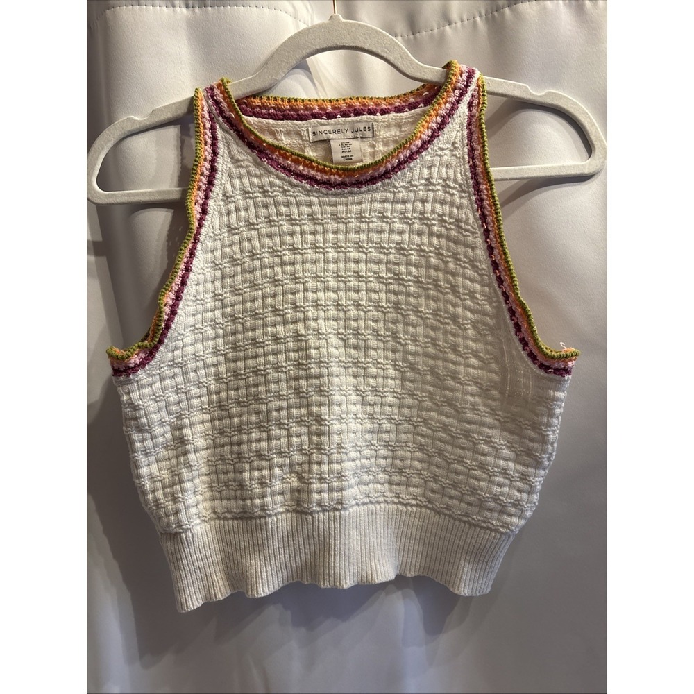 Sincerely Jules M White Knit Cropped Sweater Tank Top Embroidery‎ Boho Festival